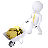 3d white man carries a wheelbarrow of gold coins