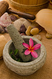tropical spa setup with traditional frangipani flower and massag
