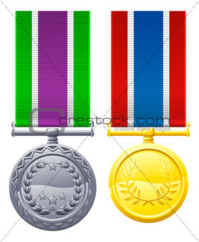Two metal chest medals and ribbons