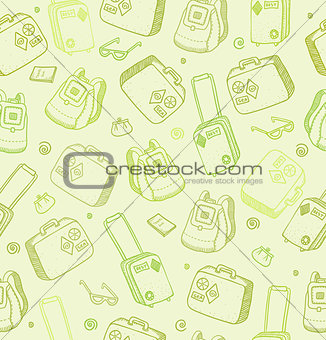 Vector pattern with bags, suitcases and backpacks on green backg