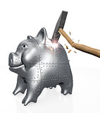 armored piggy bank resists to a hit of a hammer