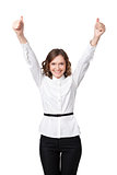Happy smiling business woman with ok hand sign 