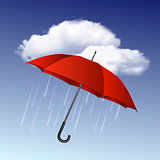 Rainy weather icon with clouds and umbrella.