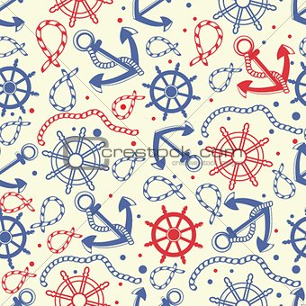 Red and navy seamless background with anchor, wheel, marine knots.