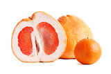 Red grapefruit, half and whole fruit, white background