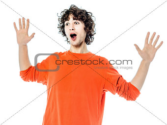 young man gesturing surprised portrait
