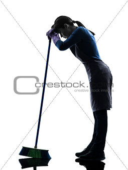 woman maid housework tired brooming silhouette