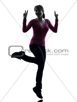 woman full length peace gesture silhouette
