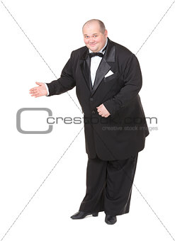 Elegant fat man in a bow tie pointing