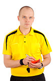 Football referee writing on red card