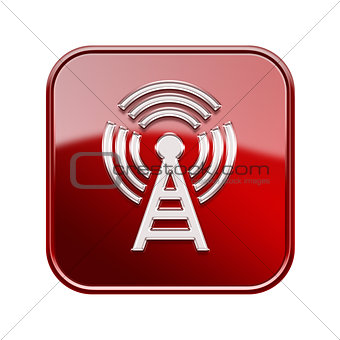 WI-FI tower icon glossy red, isolated on white background