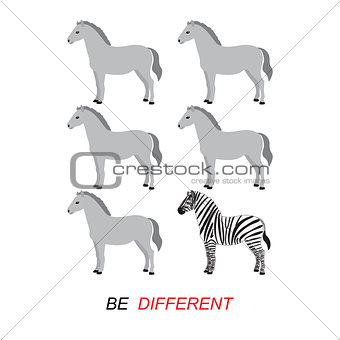 "Be different" vector - zebra and horses