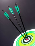 Three Green Black Archery Arrows Hit Round Target Bullseye Cente