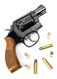 Wood Handled Revolver 38 Caliber Pistol Loaded Laying With Bulli