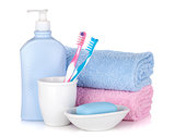 Toothbrushes, gel, soap and two towels