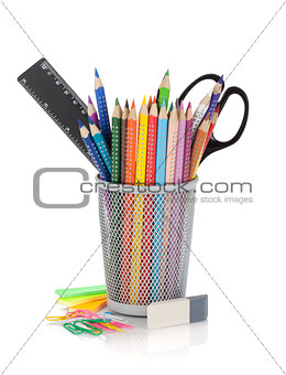 Various colour pencils and office tools