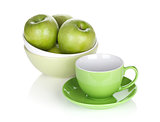 Green apples in fruit bowl and tea cup