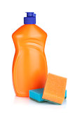 Plastic bottle of cleaning product and sponges