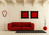 red couch in wooden room