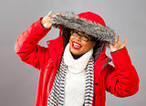 With Red Parka and Striped Scarf