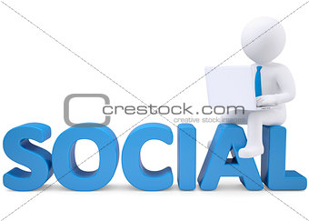 3d man with laptop sitting on the word SOCIAL