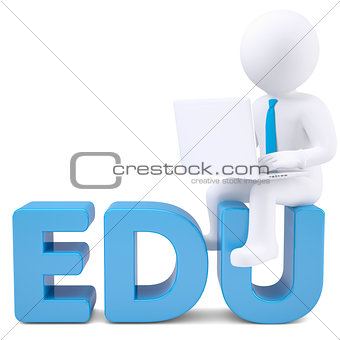 3d white man with laptop sitting on the word EDU
