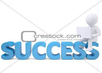 3d man with laptop sitting on the word SUCCESS
