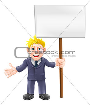 Cartoon suit man holding sign