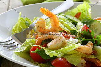 Green salad with grilled shrimp, healthy eating