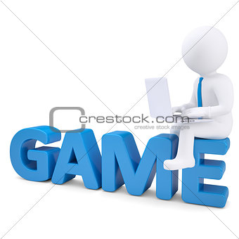 3d white man with laptop sitting on the word GAME