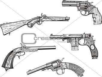 Set of old revolvers and pistols
