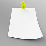 pushpin with attached white sheet of paper on a gray background