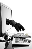 Gloved hand stealing wallet through a computer screen