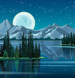 Pine trees and full moon reflected in water with mountains