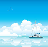 Calm sea with white yacht and clouds