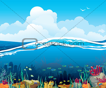 Seascape with underwater creatures and  cloudy sky