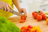 Closeup on woman cutting tomato