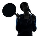woman cooking holding frying pan thinking silhouette