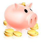 Piggy bank and gold coins