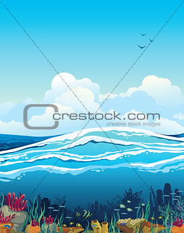Seascape with underwater creatures and cloudy sky 