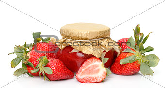Fresh Strawberries with jam-jar closeup