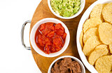 Food Appetizers Chips Salsa Refried Beans Guacamole Wood Cutting