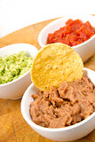 Food Appetizers Chips Salsa Refried Beans Guacamole Wood Cutting