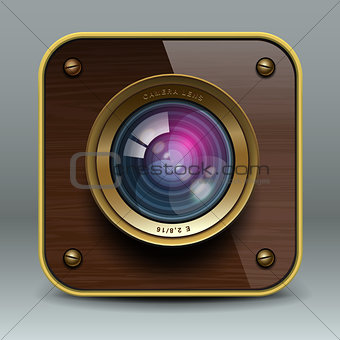 Wooden luxury photo camera icon, vector Eps10 illustration.