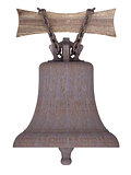 Rusty ship's bell suspended on wooden board by rusty chain