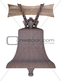 Rusty ship's bell suspended on wooden board by rusty chain
