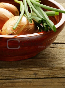 fresh onions green and shallot on a wooden background