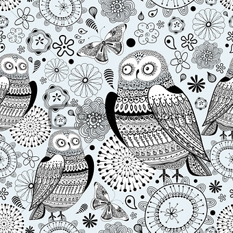 graphic pattern of owls and butterflies