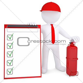 3d man with fire extinguisher and checklist