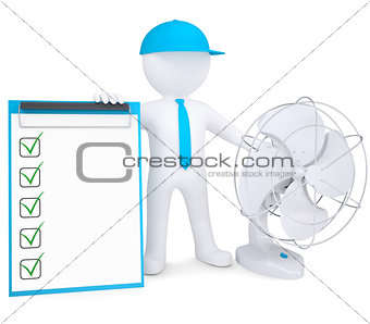 3d man with desktop fan and checklist